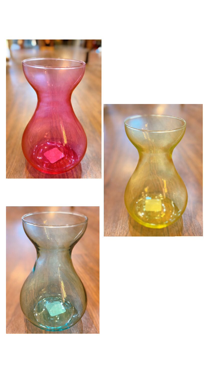 14” Wide Mouthed Colored Glass Vases