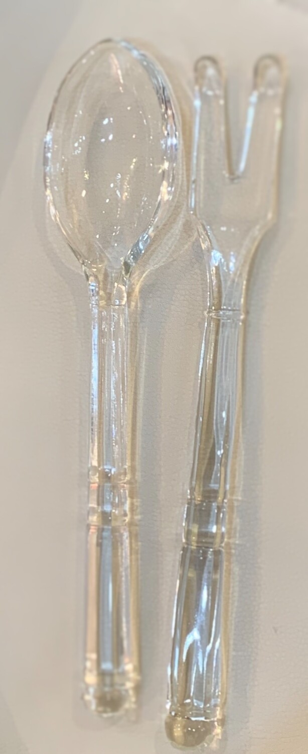 Vintage 10” Clear Glass Salad Fork And Spoon Set