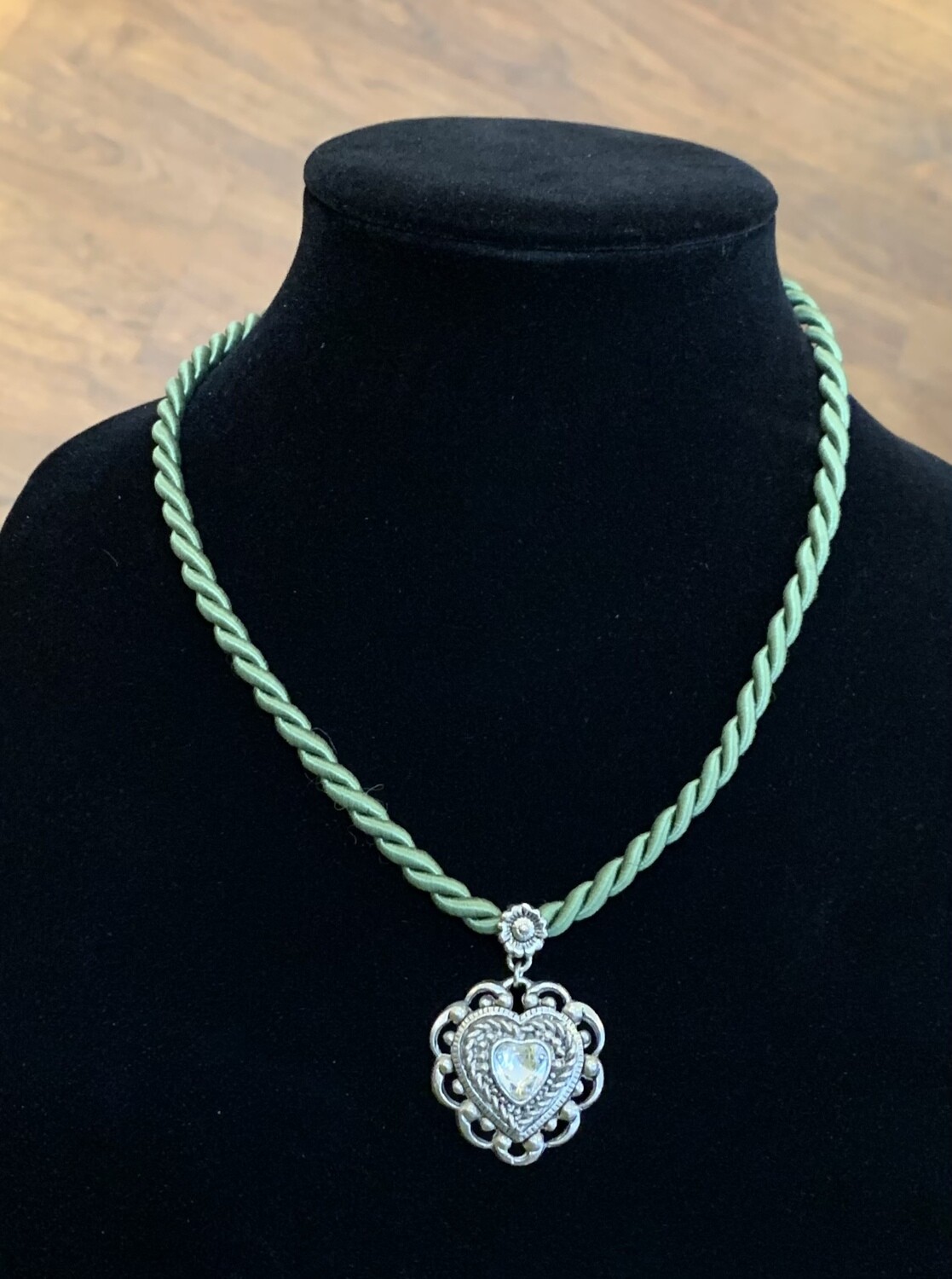 Green Rope Braided Chain Necklace With Silver Heart Pendant