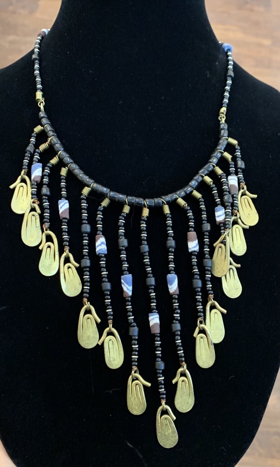 Black and Gold Necklace With Gold Circle Fringe