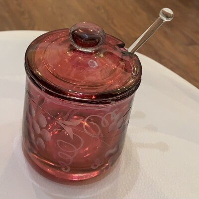 Vintage Cranberry Glass Covered lid Jar with Spoon