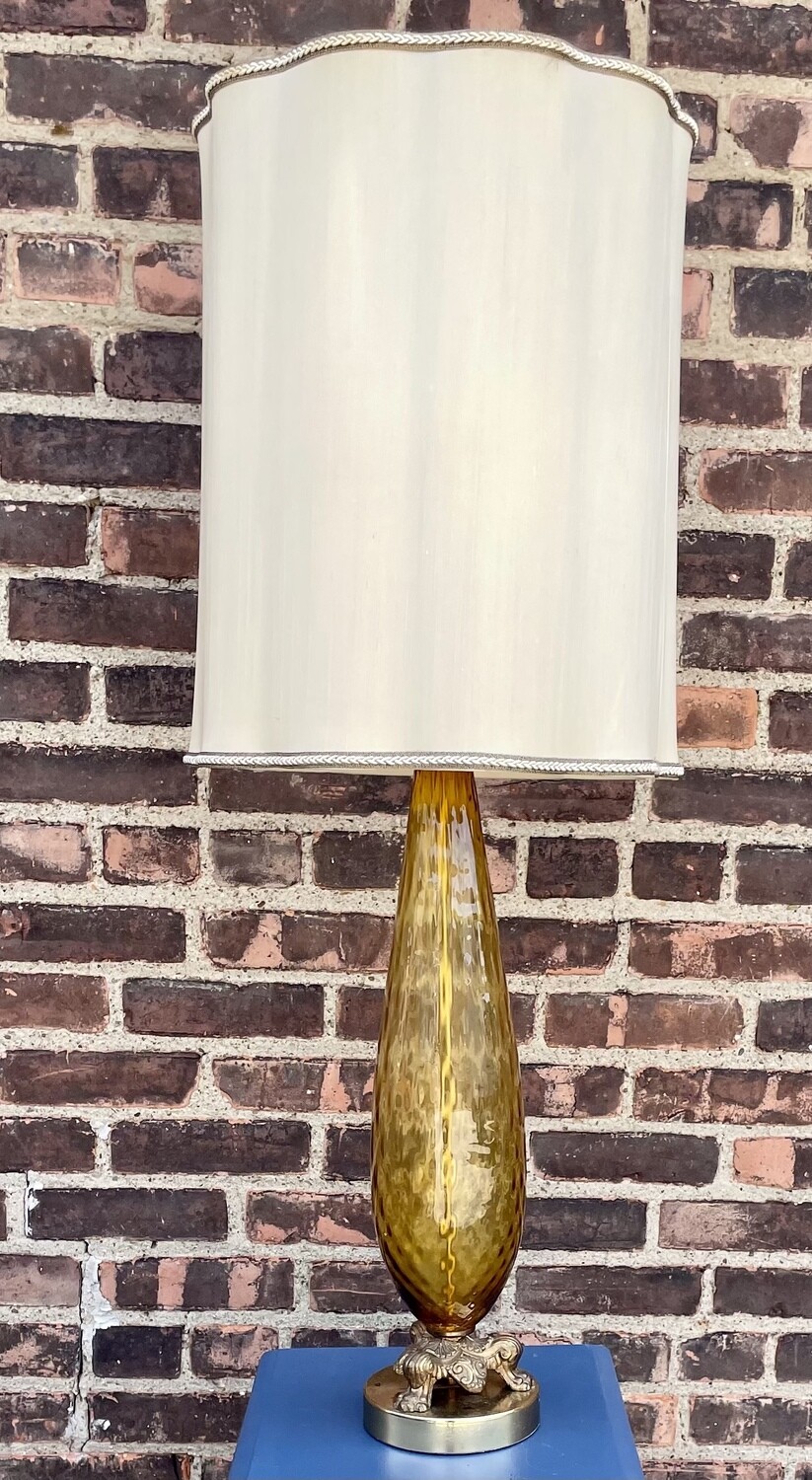 Mid Century Amber 
Glass Clawfoot Lamp 39”