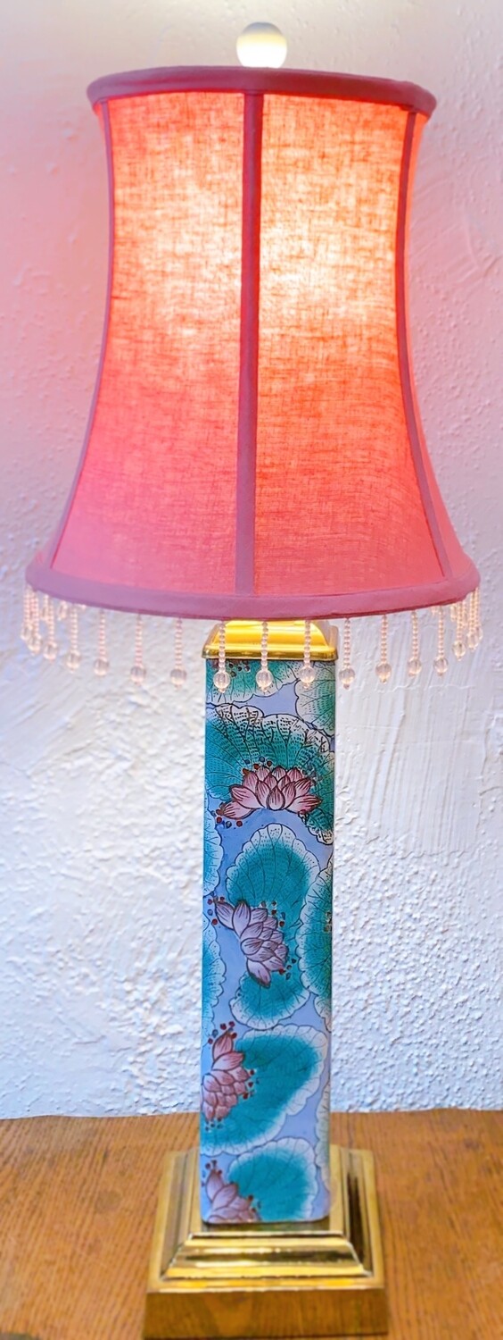 Antique Hand Painted/Pink Shade Table Lamp