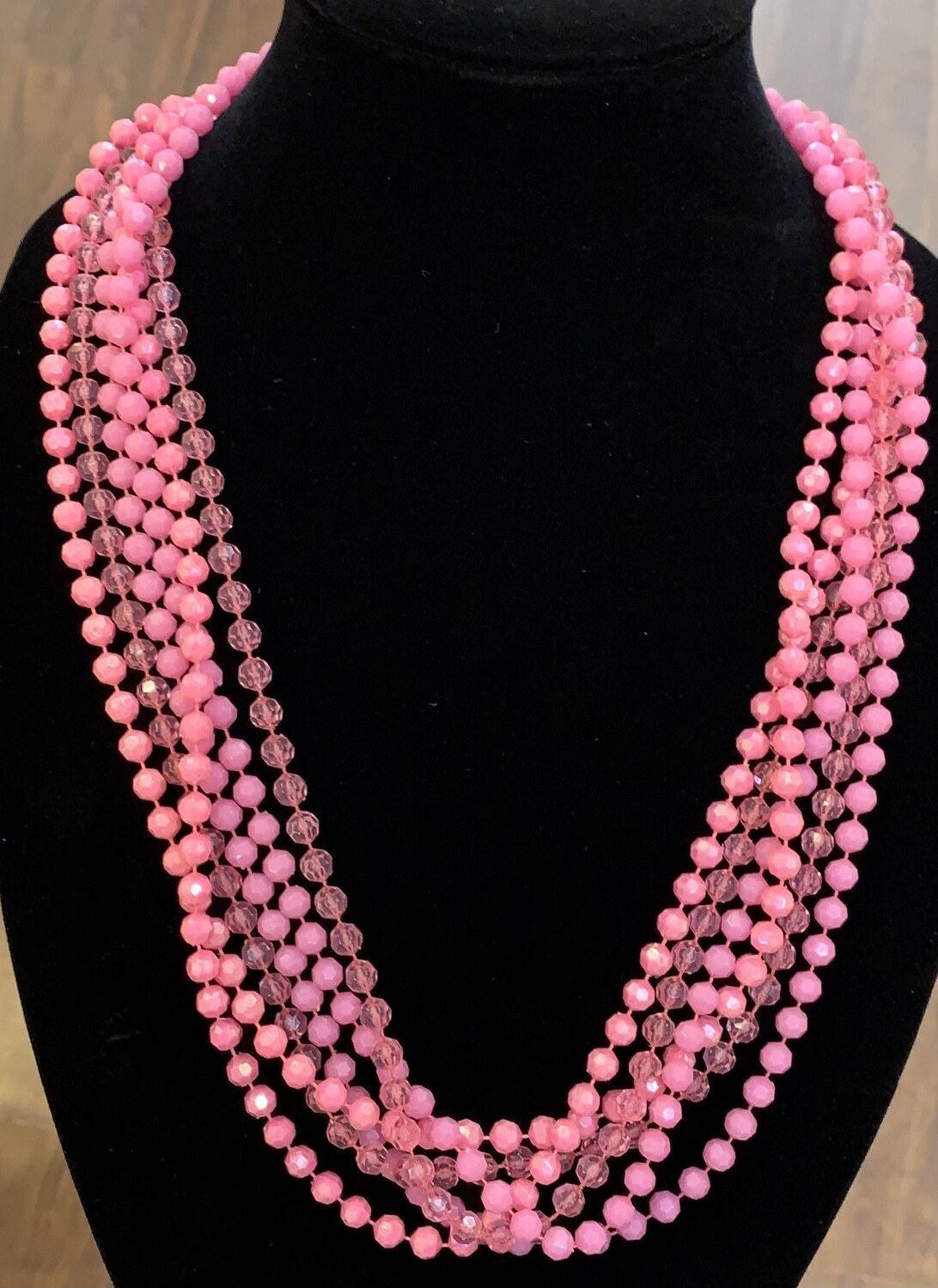Long Three Tiered Pink Beaded Necklace 