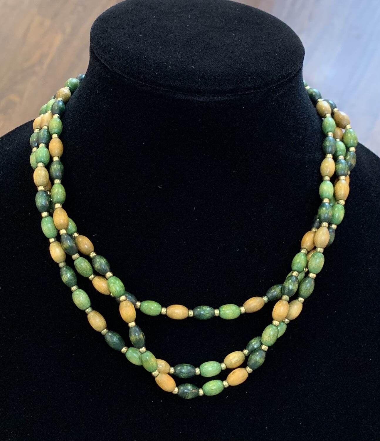 Green and Brown Wooden Beaded Necklace with Gold Clasp