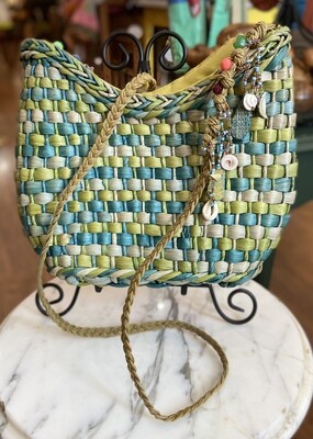 Green & Blue Woven Purse with Beads & Shells