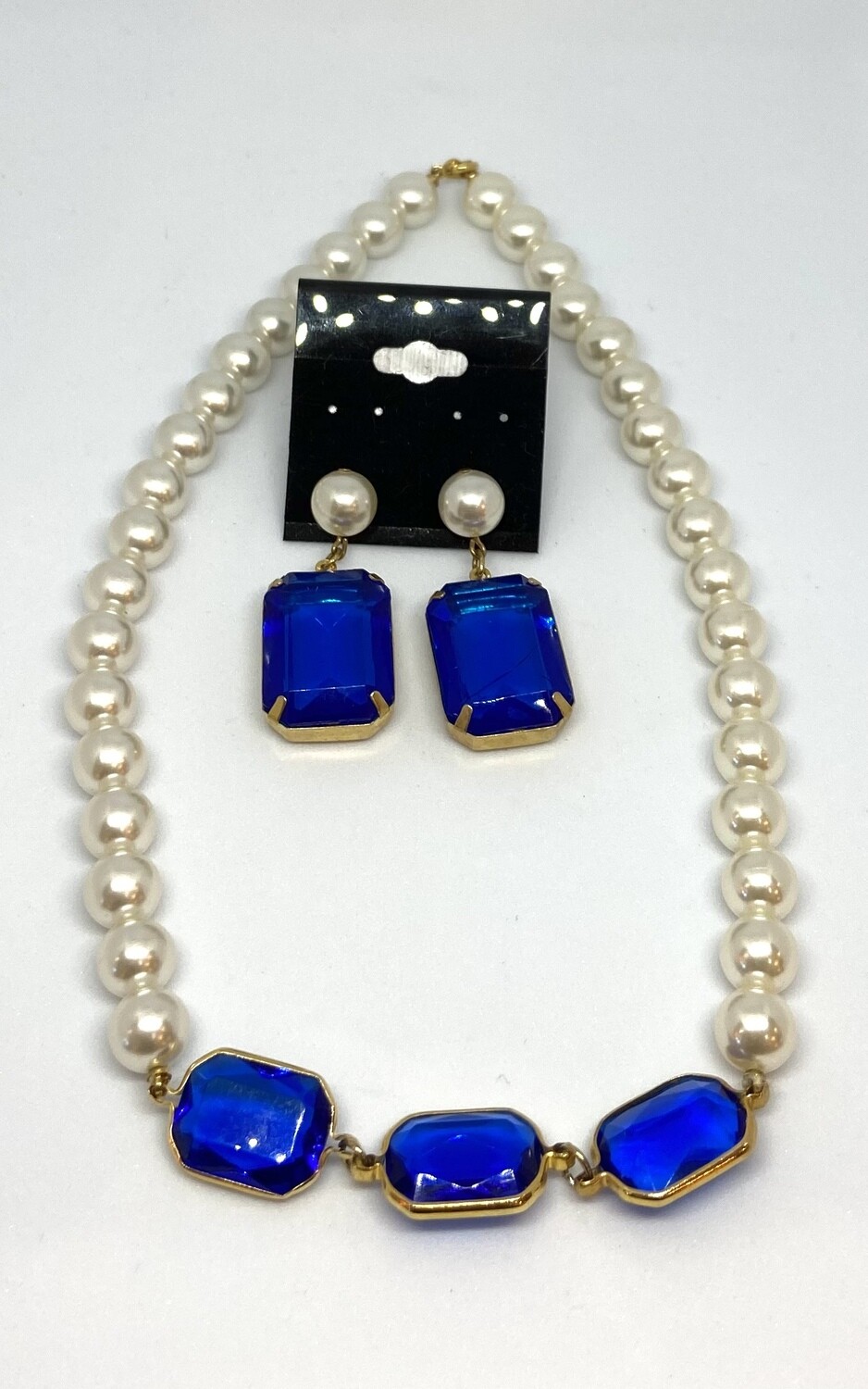 Blue Faux Gem Gold and Pearl Necklace and Earrings