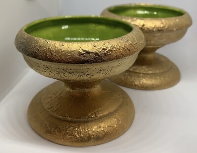 Ceramic Pedestal Candle holder Green/Gold
