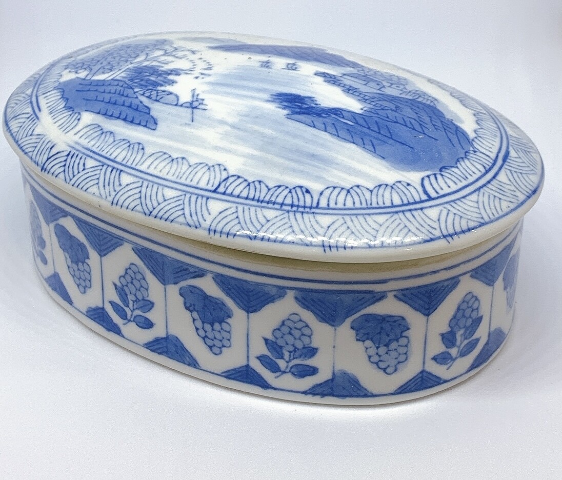 Vintage Chinese Box Blue and White Oval Porcelain 
