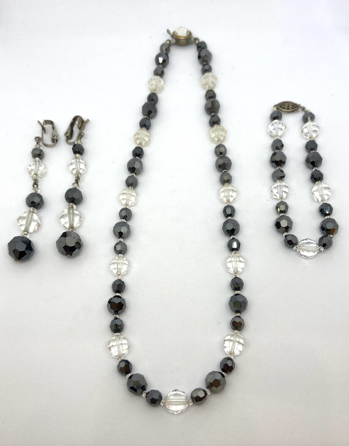 Vintage Black and Clear Bead Necklace, Earring, Bracelet Set