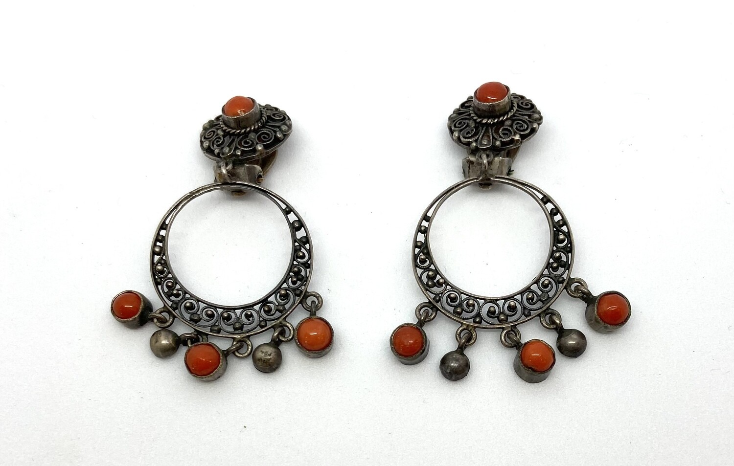 Orange and Silver Filigree Clip-On Earrings