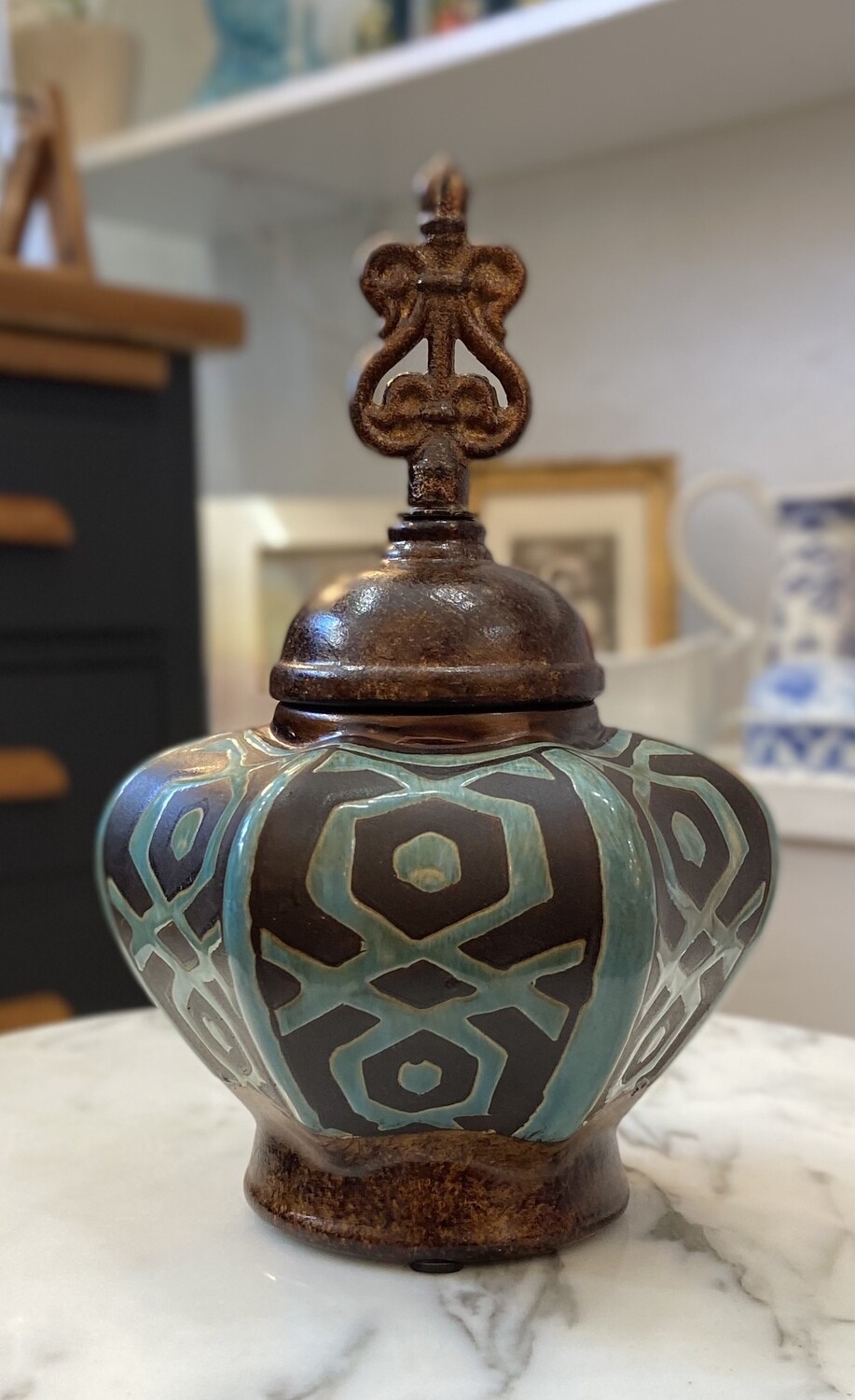 Turquoise and Bronze 8” Lidded Urn