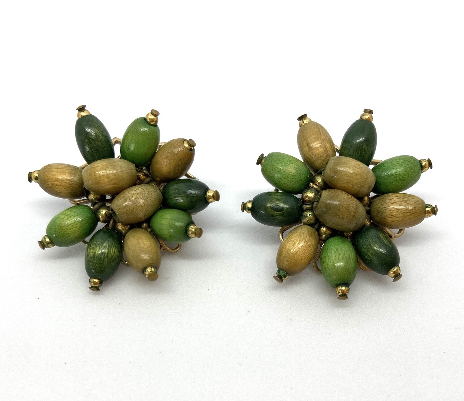 Green Wood Bead Clip-On Earrings