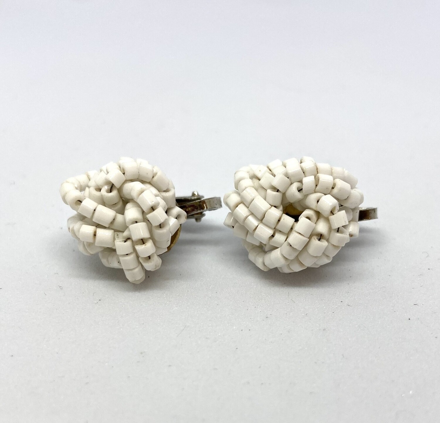 White Bead Knot Clip-On Earrings