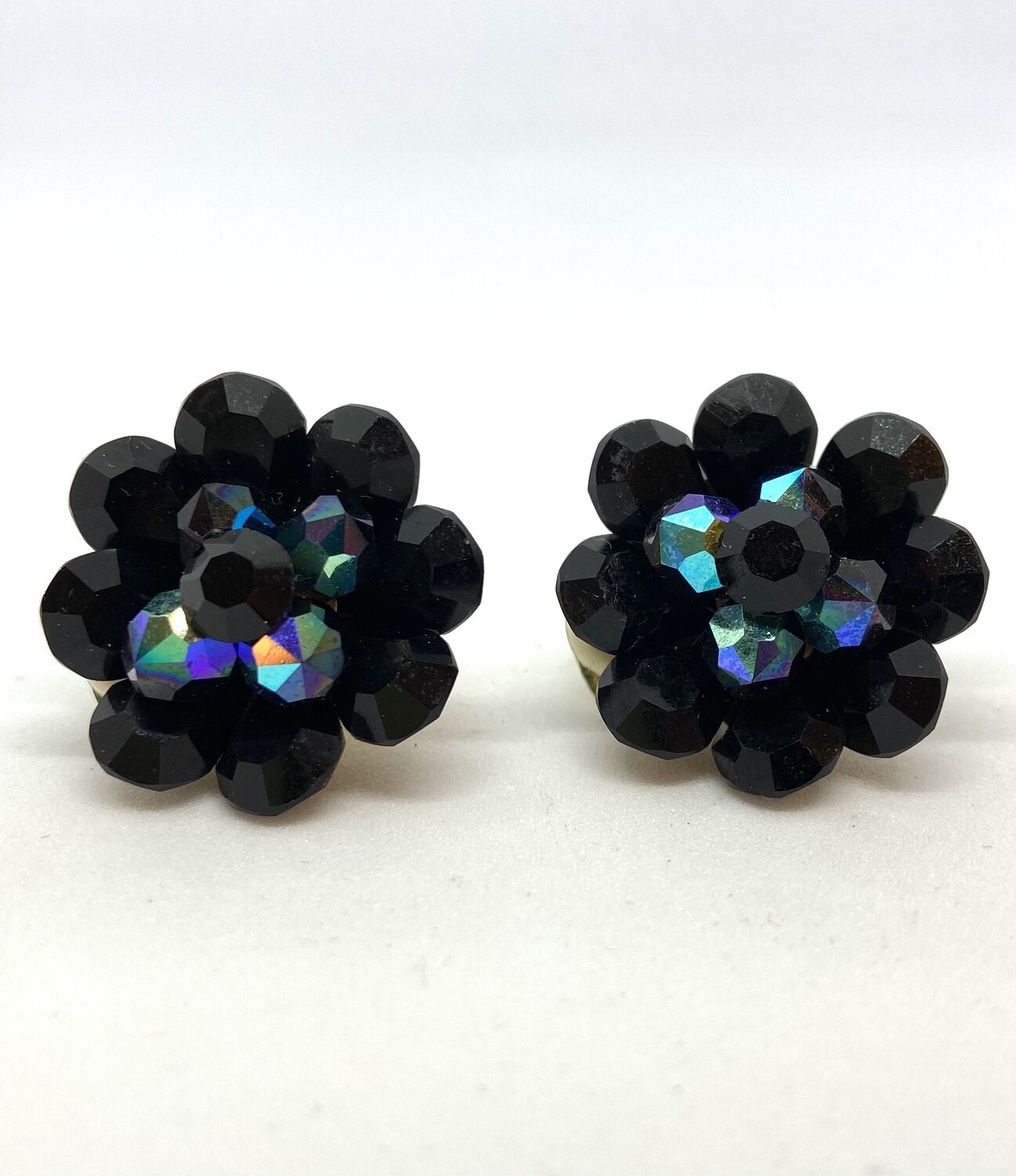 Black Bead Flower Clip-On Earrings