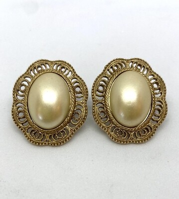 Faux Pearl Gold Oval Earrings