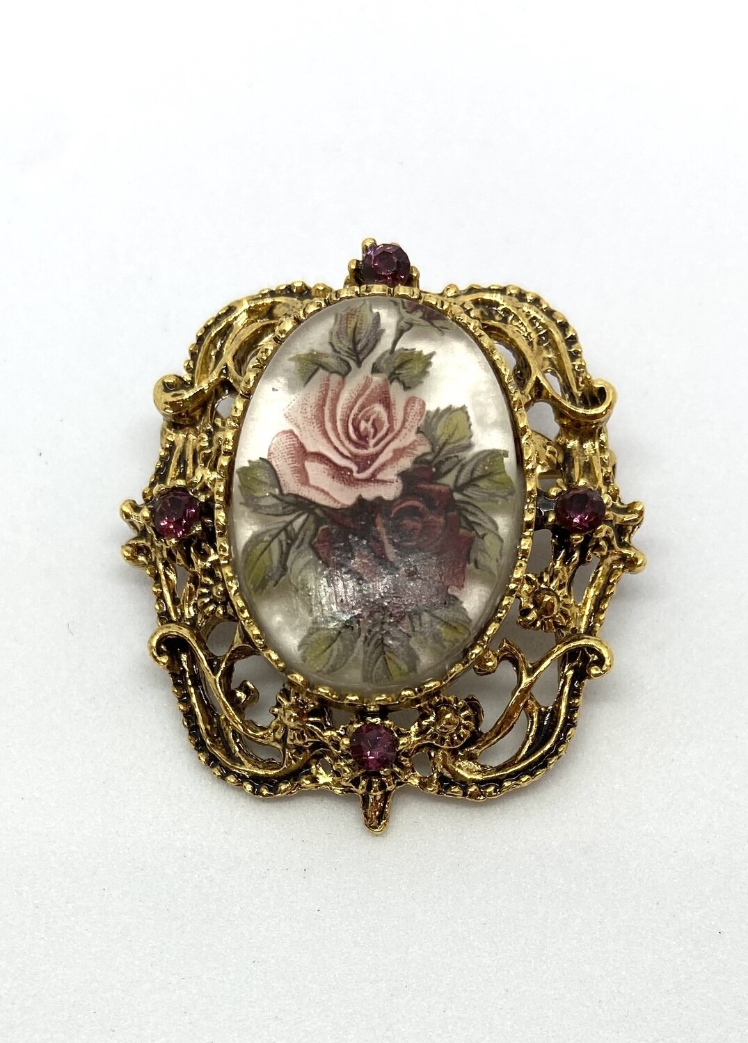 Vintage Rose Brooch with Purple Rhinestone Accents