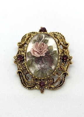 Vintage Rose Brooch with Purple Rhinestone Accents
