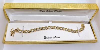 Yellow Gold with fine Silver Diamond Accent Bracelet 2 tone Chain 7.25