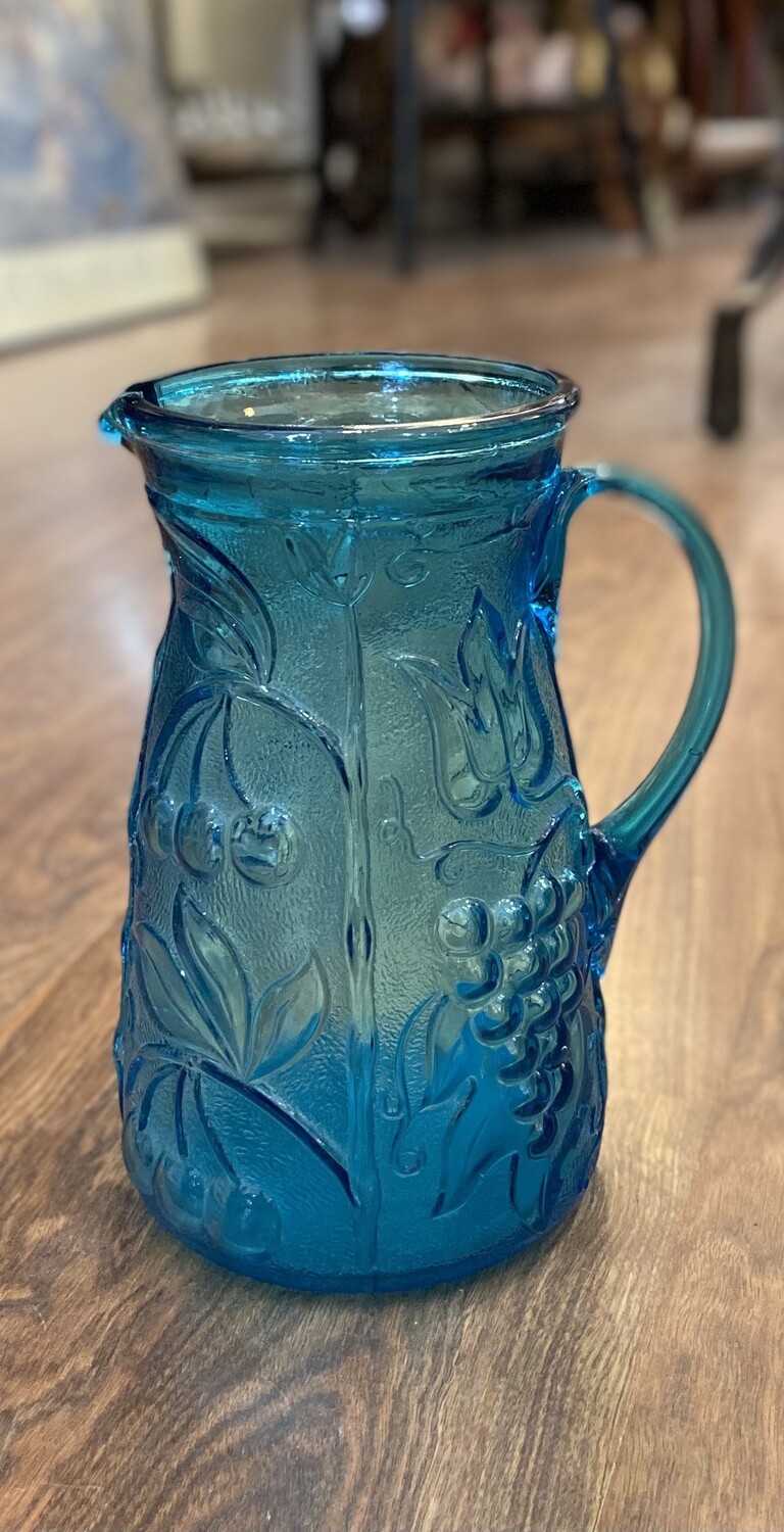 Blue Glass Pitcher 7.5” with Embossed Fruit