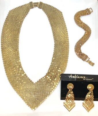 Gold Tone Circle Mesh Earring Necklace and Bracelet Set