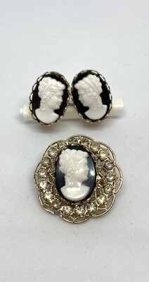 Cameo Clip-On Earrings and Brooch