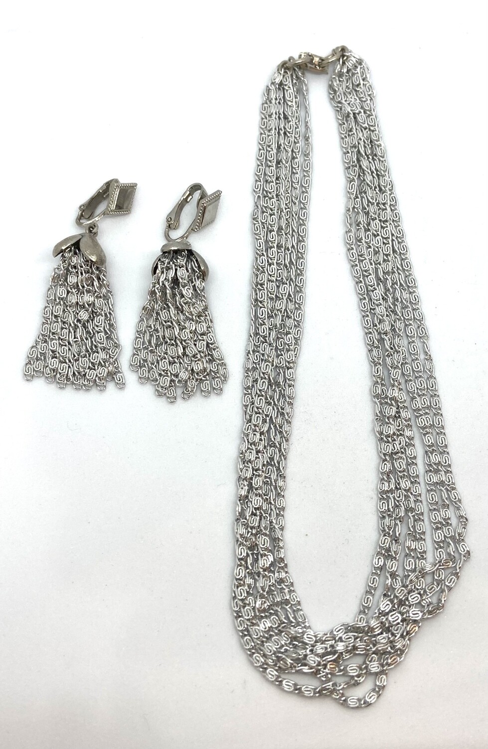 Sarah Cov Cascade Collection Silver Tassel Necklace and Clip-On Earrings Set