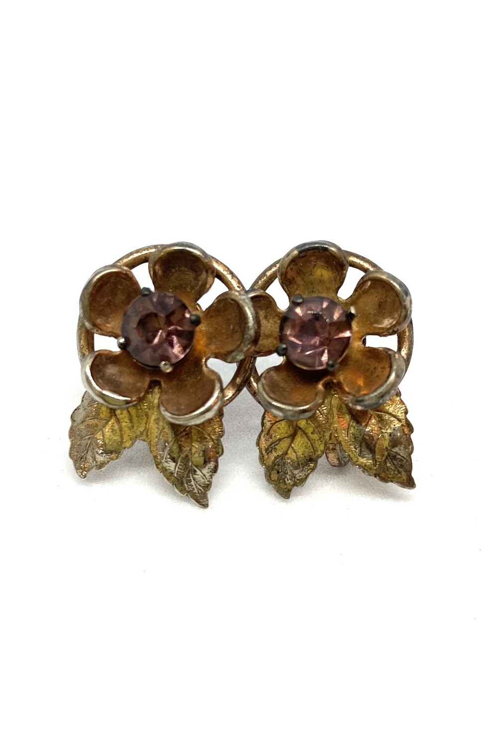 Vintage Purple Stone Flower Clip-On Earrings