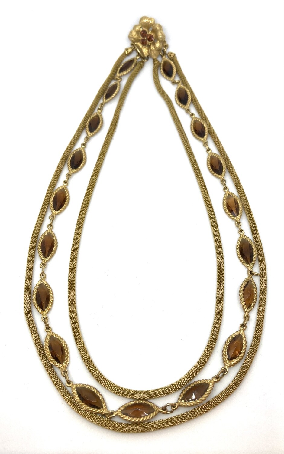 Gold and Brown Gem Three Strand Necklace With Flower Clasp