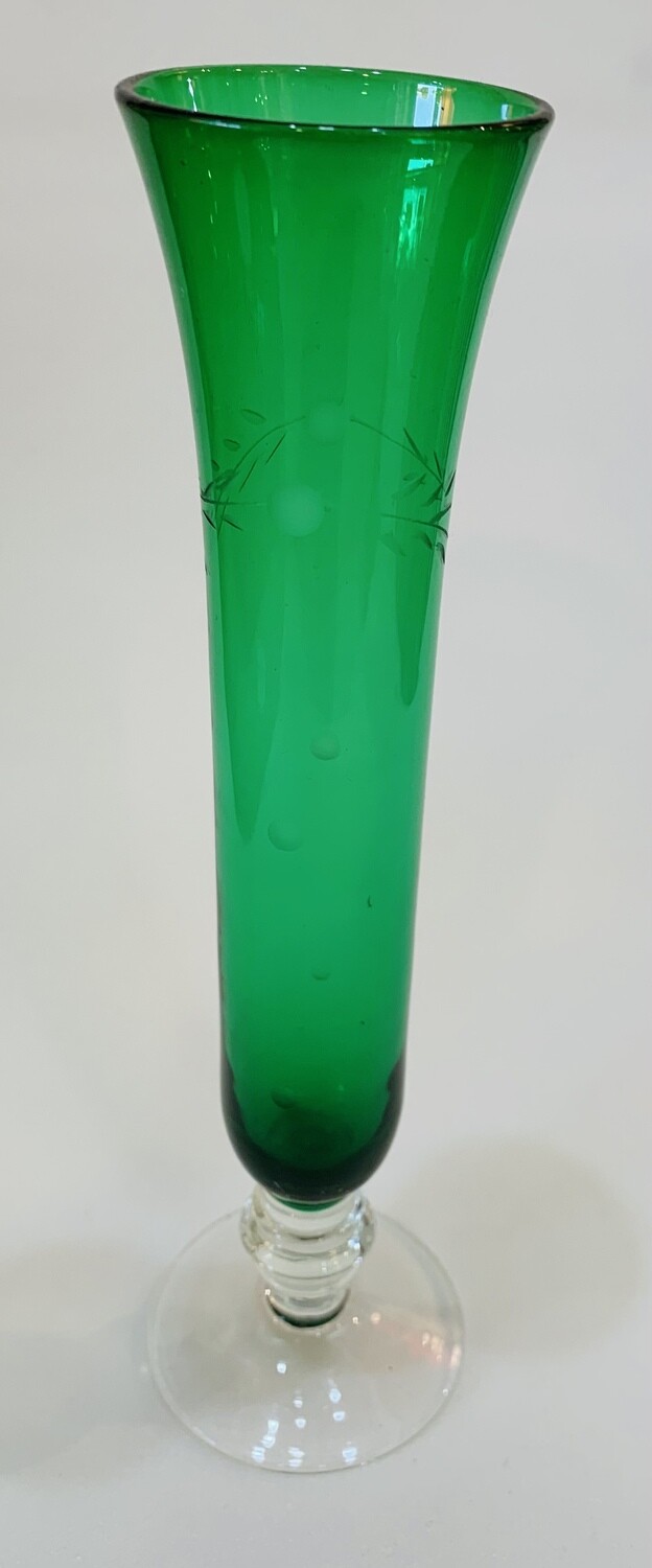 Glass Etched Green and Clear Pedestal Bud Vase  - 7 1/4" x 1 1/2"