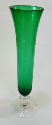 Glass Etched Green and Clear Pedestal Bud Vase  - 7 1/4&quot; x 1 1/2&quot;