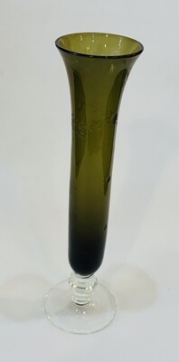 Glass Etched Olive and Clear Pedestal Bud Vase 7 1/4” x 1 1/2”