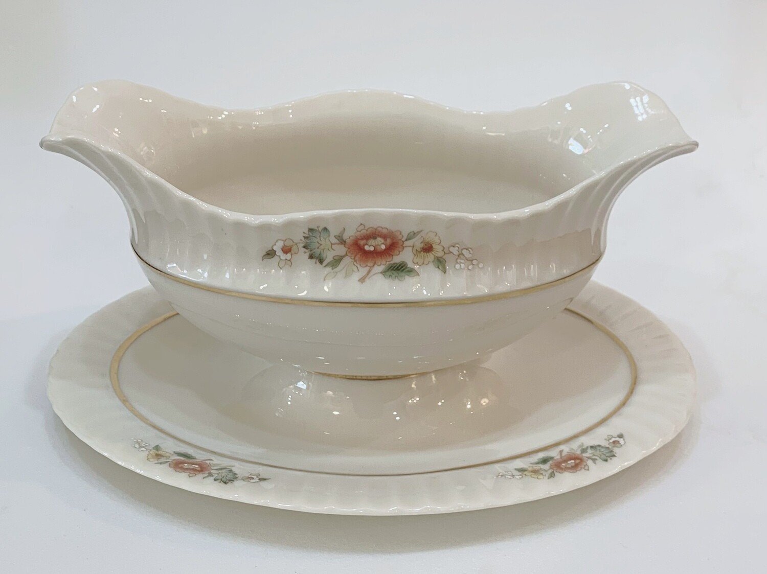 Lenox Temple Blossom Porcelain Gravy Boat with Underplate 