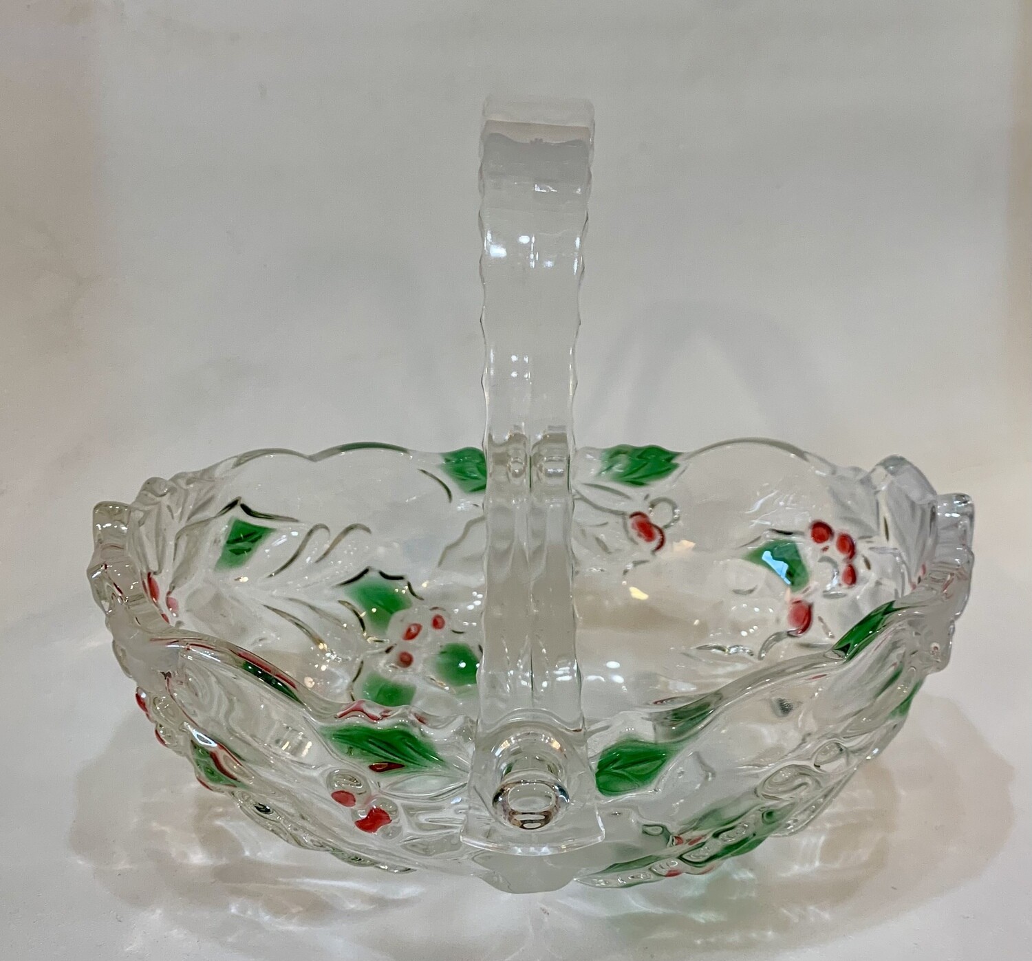 Vintage Mikasa Holiday Bloom pattern clear glass handled basket with frosted flowers, red berries and green leaves design Germany