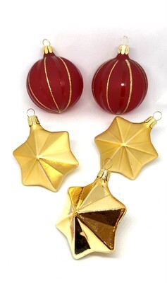Christmas Ornaments - Red Balls (2) and Gold Stars (3)