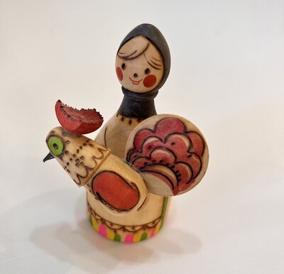 Vintage 1970’s Wooden Toy Figure Holding Chicken Made in Russia 