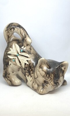Navajo Vail Horsehair Cat Sculpture 6” with Carved Design and Turquoise
