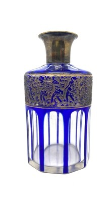 Cobalt Blue Signed Moser Cut Glass Gilded Vase w/ Sterling Silver Spout - 1920’s
