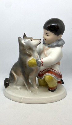 Boy With Husky Dog - Porcelain Figure