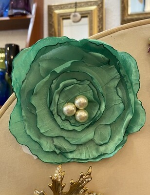 Large Green Fabric Flower Brooch with Pearl Beading