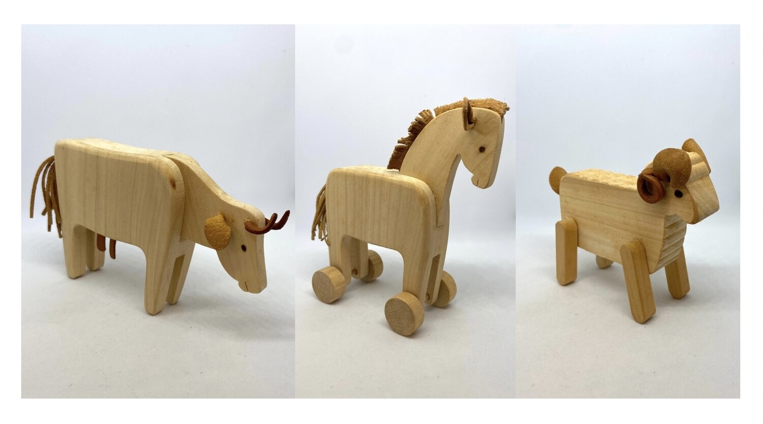 Set of 3 - Wooden and Leather Handcrafted Toy Animals 4"