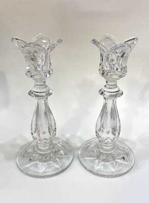 Gorham Crystal Pair Taper Candle Holders Petal Design 7”