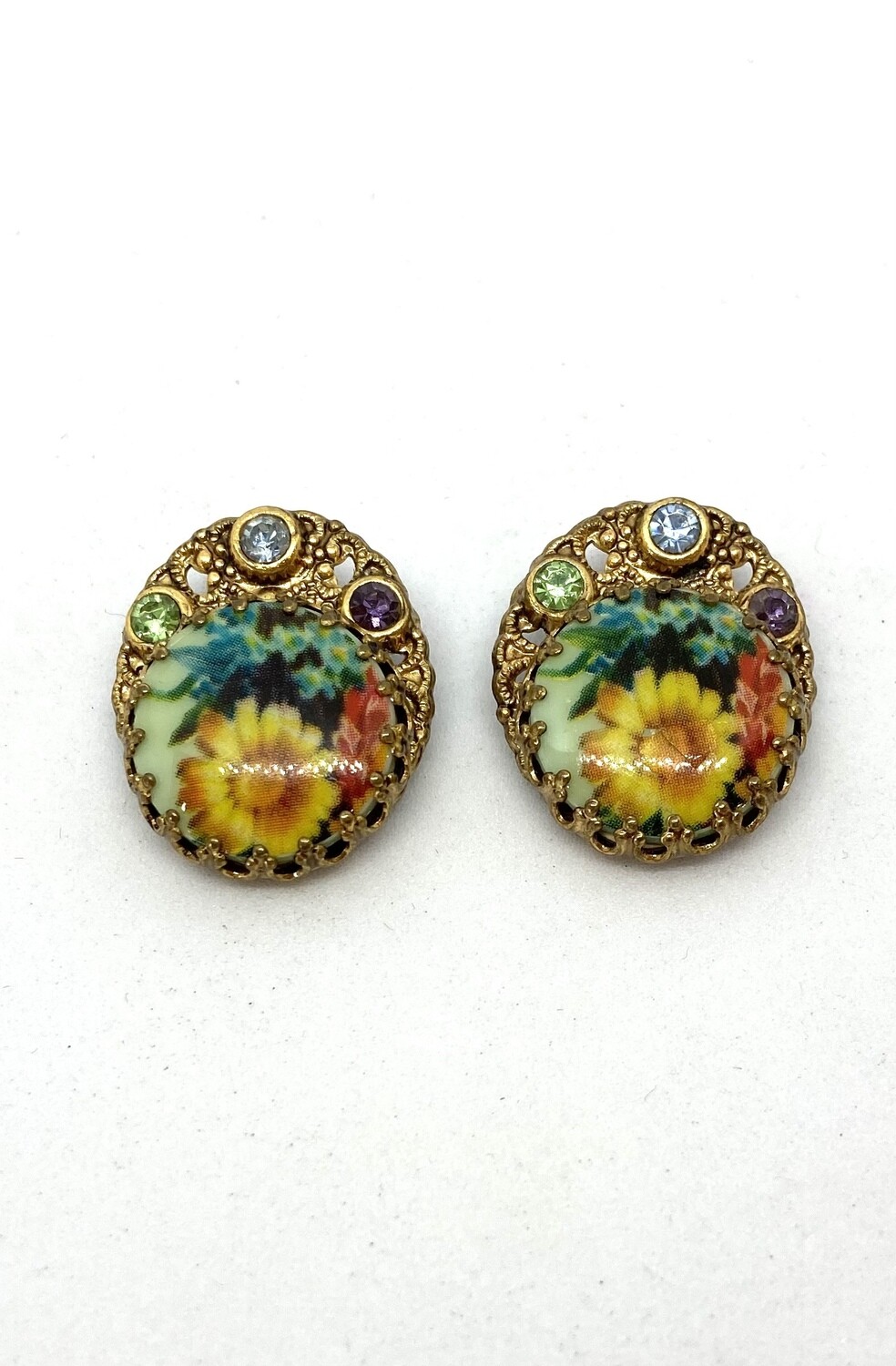 Gold Clip On Earrings With Flower Stone And Colored Gems