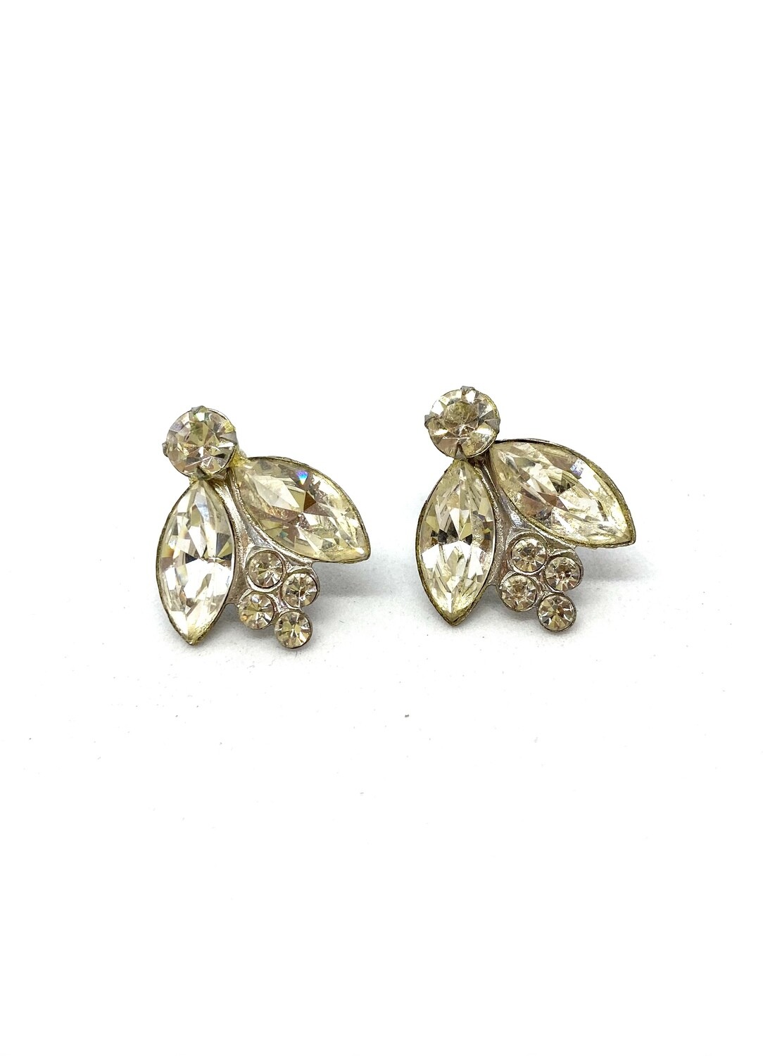 Silver Plant Clip On Earrings With Diamonds