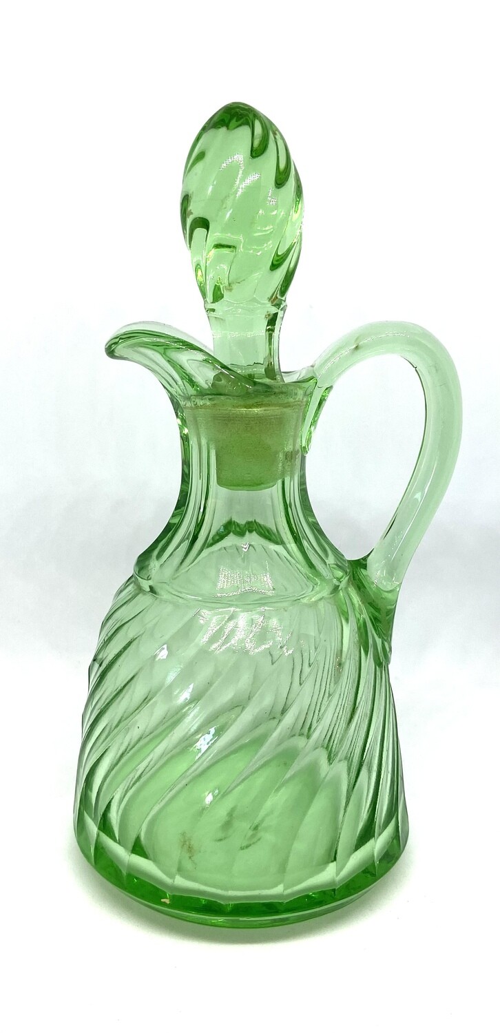 Green Pressed Glass Cruet with Stopper (Duncan and Miller Style Spiral Pattern), 5" H, 3.25" base