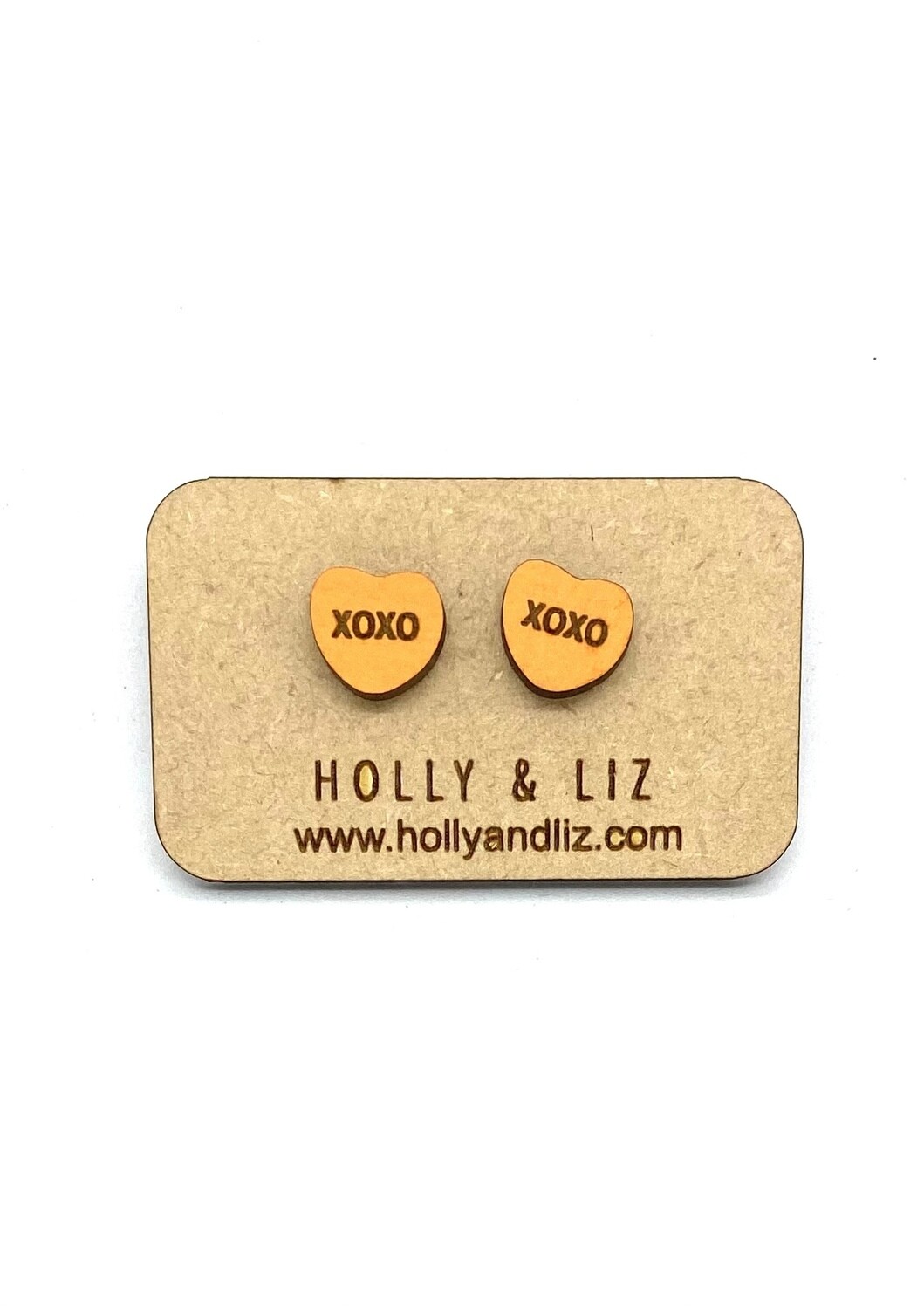 Holly &amp; Liz Wood Candy Heart Stud Earrings, Type: Orange XOXO