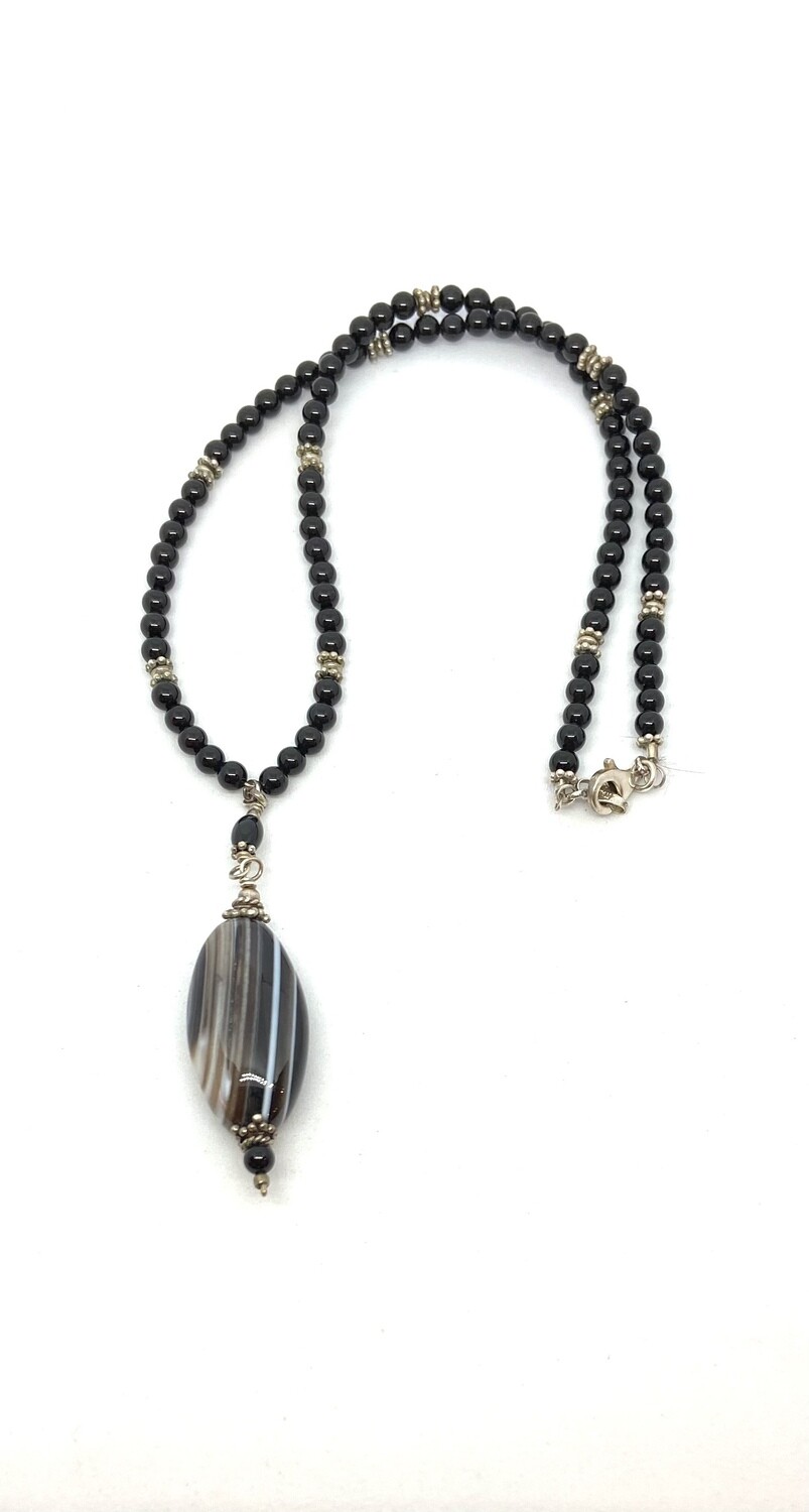 Polished Stone and Black Bead Necklace