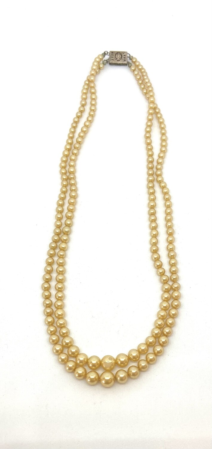 Double Strand Yellow Tone Faux Pearl Necklace