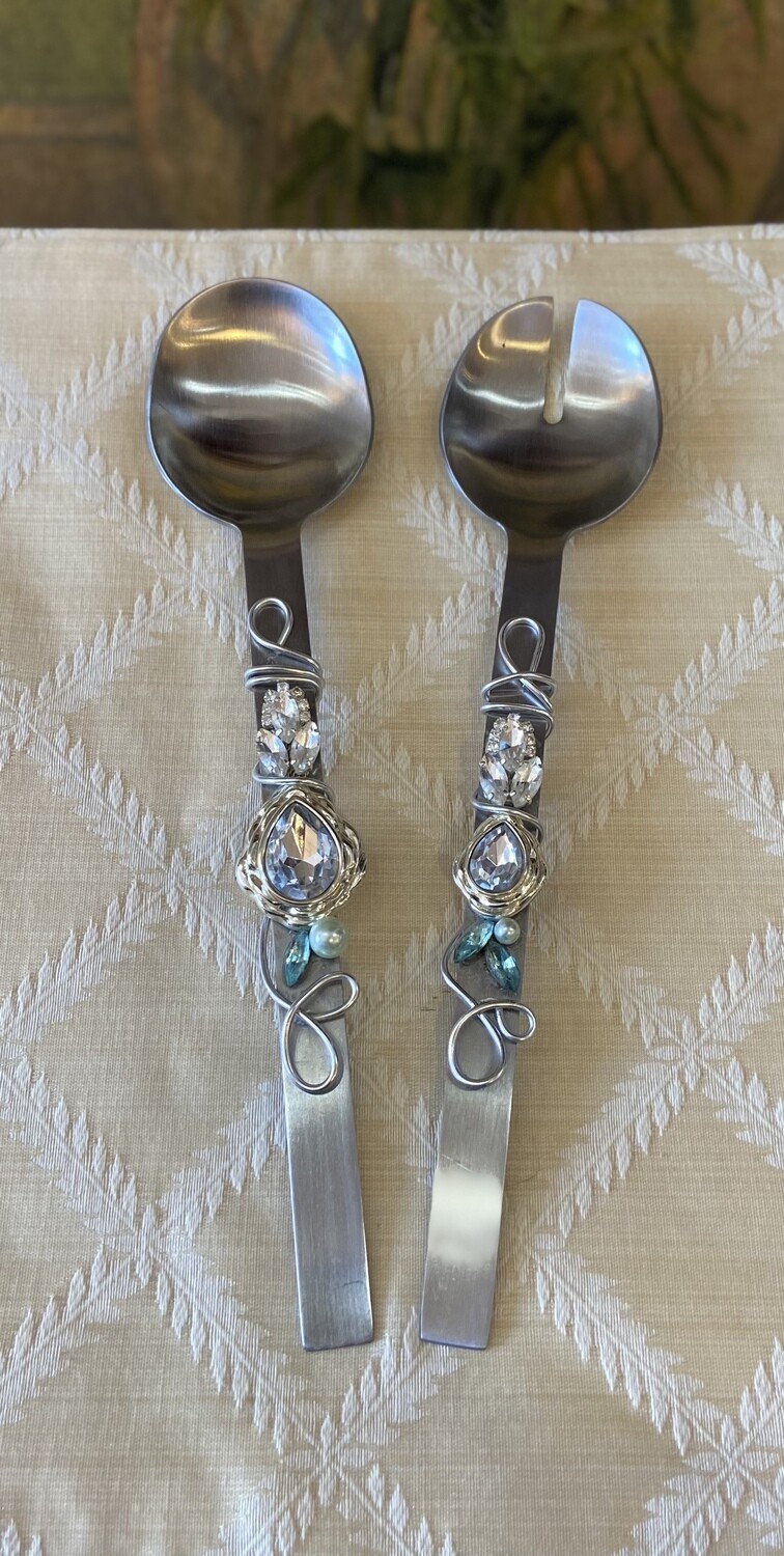 Salad Set-Brushed Silver with Crystal Stones