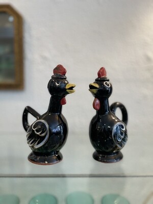 Vintage Redware Rooster Vinegar and Oil Cruel Set